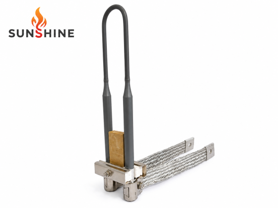 SUNSHINE upright U-shaped MoSi2 heater with a mounting clamp, insulation spacer, and two braided aluminum connection straps