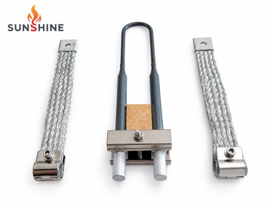 SUNSHINE U-shaped MoSi2 heating element with mounting clamp and two braided connector straps
