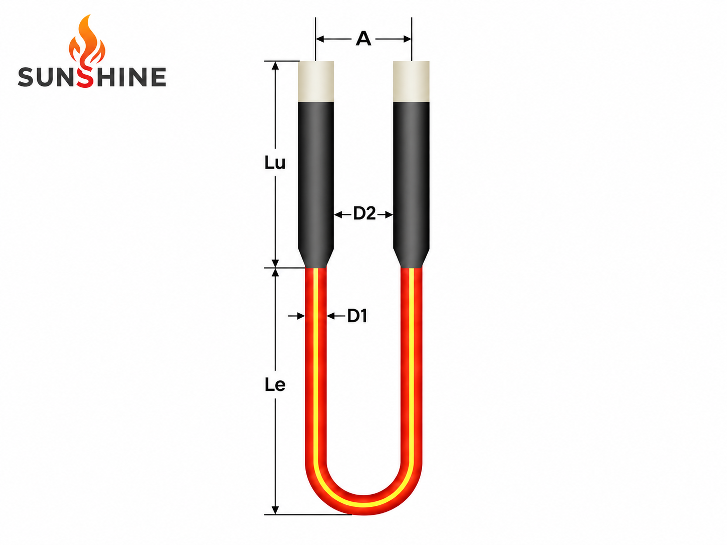 U-shape MoSi2 heating element technical drawing with dimensions.