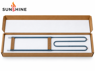 SUNSHINE W-shaped MoSi2 heating element secured in a foam-lined cardboard box with support blocks