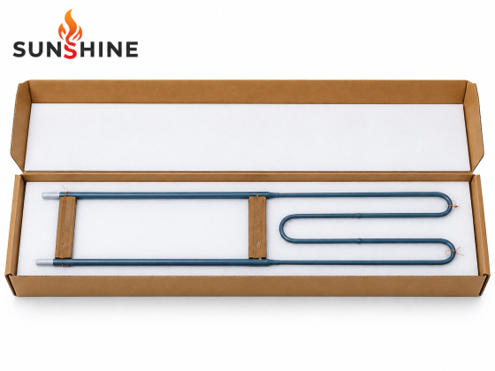 SUNSHINE W-shaped MoSi2 heating element secured in a foam-lined cardboard box with support blocks