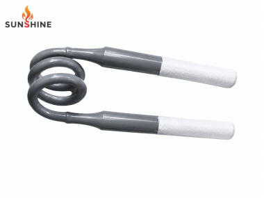 Spiral MoSi2 heating element with a gray coiled section and two white-coated terminal ends on a white background