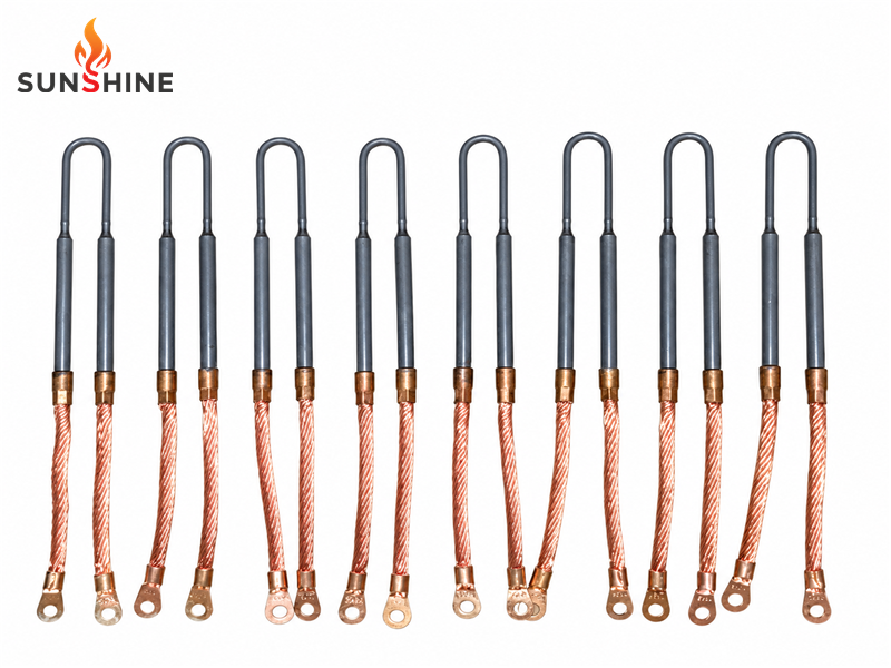 MoSi2 heating element with copper braided straps and copper connection terminals on a white background