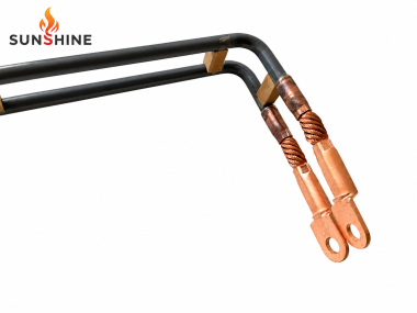 MoSi2 heating element with copper braided straps and copper connection terminals on a white background